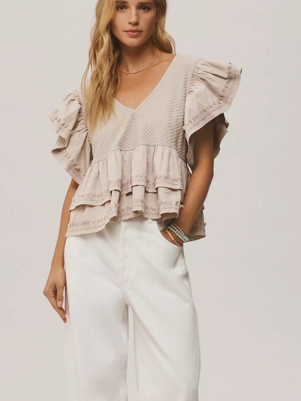 Anthropologie Ruffle-Sleeve Tiered V-Neck Top - Picture 1 of 9